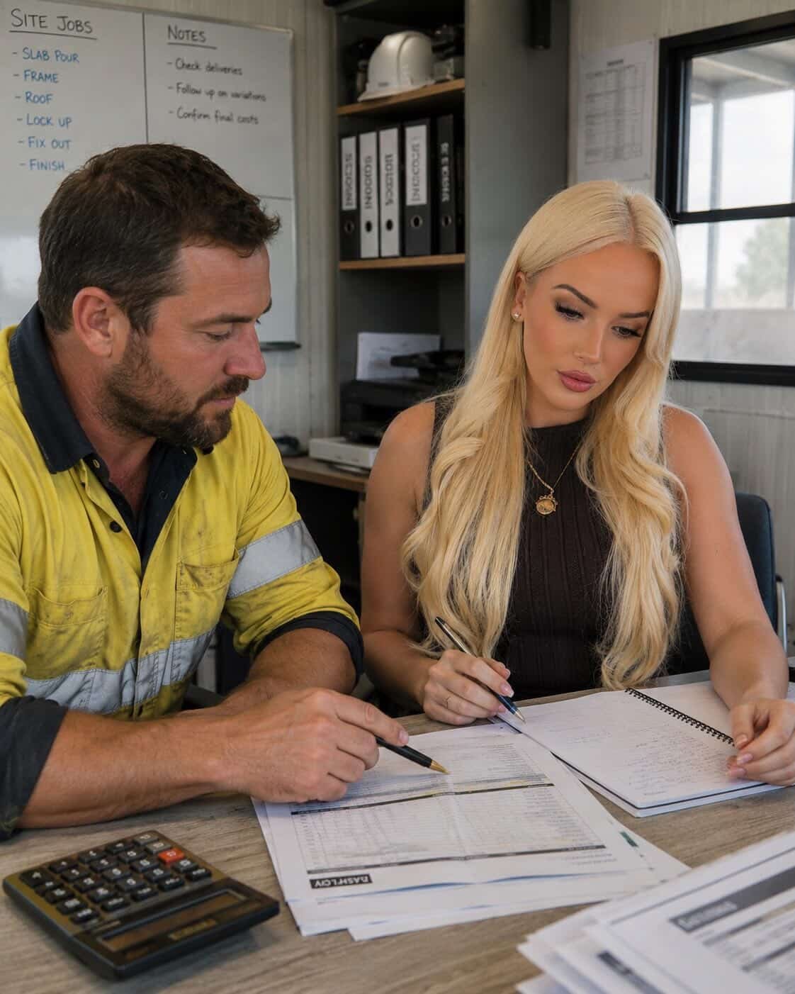 Siobhan reviewing job paperwork with a Melbourne builder in their site office