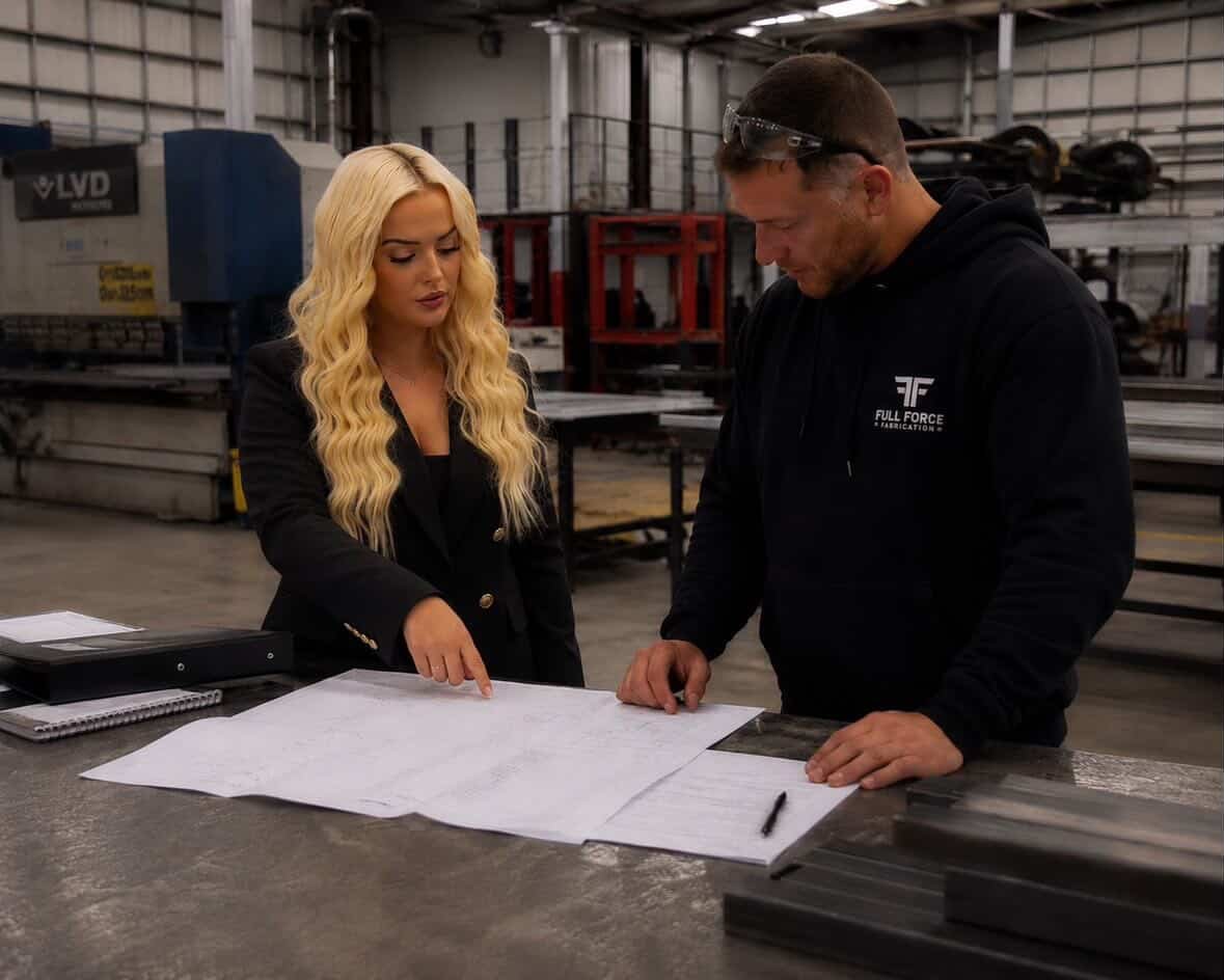 Siobhan reviewing plans with a fabrication-workshop owner on the workshop floor